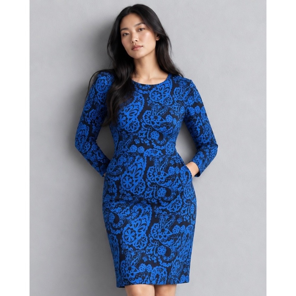 Boden Blue Paisley Floral Cotton Long Sleeve Pocket Teacher Dress US 12L NWT